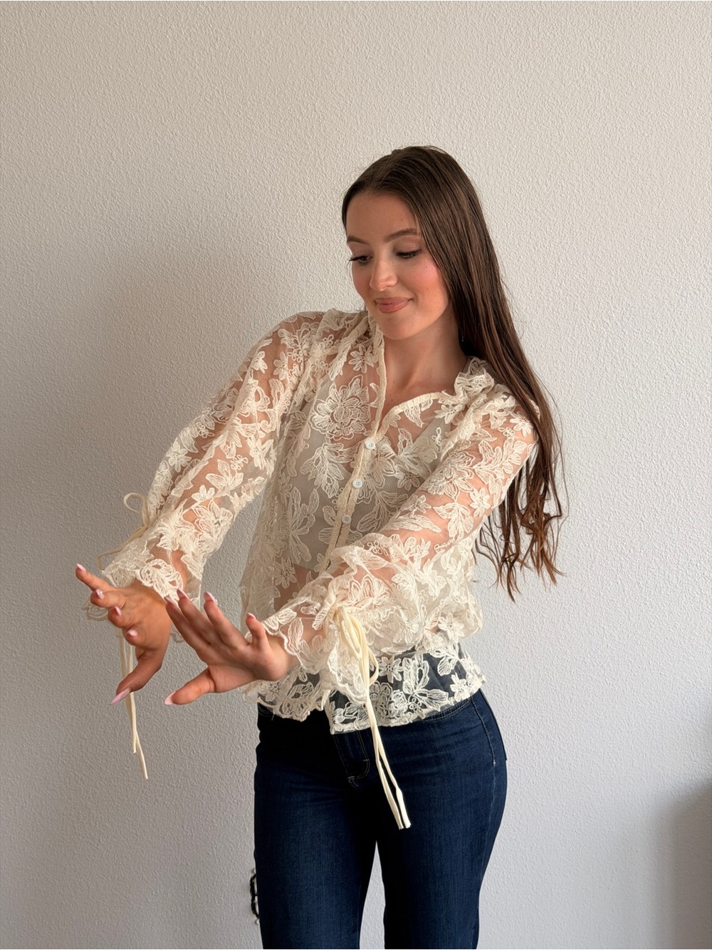 Sheer Lace Button-Front Top in Cream